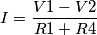 I = \frac{V1 - V2}{R1 + R4} I = \frac{V1 - V2}{R1 + R4}