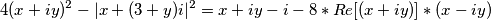 4 (x + iy)^2 - |x+ (3+y)i|^2 = x+ iy - i - 8* Re[(x + iy)] * (x - iy)