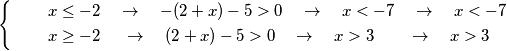 \left\{ \begin{align}
  & \quad \quad x\le -2\quad \to \quad -(2+x)-5>0\quad \to \quad x<-7\quad \to \quad x<-7 \\ 
 & \quad \quad x\ge -2\quad \ \to \quad (2+x)-5>0\quad \to \quad x>3\quad \quad \to \quad x>3 \\ 
\end{align} \right.