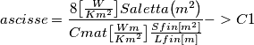a s c i s s e =\frac{8 {\left[ \frac{W }{K {m }^{2 }}\right] }	S a l e t t a {\left( {m }^{2 }\right) }}{C m a t {\left[ \frac{W 	m }{K {m }^{2 }}\right] }	\frac{S f i n {\left[ {m }^{2 }\right] }}{L f i n {\left[ m \right] }}}->C1