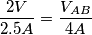 \frac{2V}{2.5A}=\frac{V_{AB}}{4A}