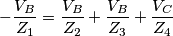 -\frac{V_B}{Z_1}=\frac{V_B}{Z_2}+\frac{V_B}{Z_3}+\frac{V_C}{Z_4}