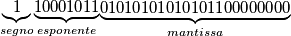 \begin{matrix} \underbrace{1 }_{segno} \end{matrix}  	\begin{matrix} \underbrace{10001011 }_{esponente} \end{matrix} 	\begin{matrix} \underbrace{ 01010101010101100000000 }_{mantissa} \end{matrix}