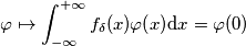 \varphi\mapsto\int_{-\infty}^{+\infty}f_\delta(x)  \varphi(x)  \mathrm{d}x = \varphi(0)