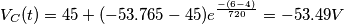 V_{C}(t)=45 + (-53.765 - 45)  e^\frac{-(6-4)}{{720}}=-53.49 V