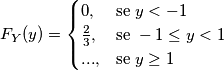 F_Y(y) = \begin{cases} 0, & \mbox{se } y < -1 \\ \frac{2}{3}, & \mbox{se } -1 \le y < 1 \\ ..., &\mbox{se } y \ge 1 \end{cases}