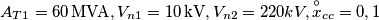 A_{T1}= 60\, \text{MVA}, V_{n1}=10\, \text{kV}, V_{n2}=220 kV, \overset{\circ}{x}_{cc}= 0,1