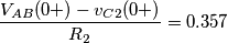 \frac{V_{AB}(0+)-v_{C2}(0+)}{R_{2}}=0.357 \frac{V_{AB}(0+)-v_{C2}(0+)}{R_{2}}=0.357
