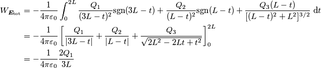 \begin{align} W_{\boldsymbol{E}_\text{tot}} &=-\frac{1}{4\pi\varepsilon_0}\int_{0}^{2L}   \frac{Q_1}{(3L-t)^2}\text{sgn}(3L-t)+ \frac{Q_2 }{(L-t)^2}\text{sgn}(L-t)+\frac{Q_3 (L-t)}{ [(L-t)^2+L^2]^{3/2}}  \text{ d}t \\
&=-\frac{1}{4\pi\varepsilon_0}\left[\frac{Q_1}{|3L-t|}+\frac{Q_2}{|L-t|}+\frac{Q_3}{\sqrt{2L^2-2Lt+t^2}}\right]_{0}^{2L} \\
&=-\frac{1}{4 \pi\varepsilon_0}\frac{2Q_1}{3L} 
\end{align}