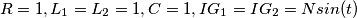 R=1,L_{1}=L_{2}=1,C=1,IG_{1}=IG_{2}=Nsin(t) R=1,L_{1}=L_{2}=1,C=1,IG_{1}=IG_{2}=Nsin(t)