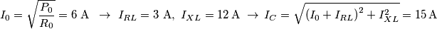 I_{0}=\sqrt{\frac{P_{0}}{R_{0}}}=6\,\,\text{A}\,\,\,\to \,\,I_{RL}=3\,\,\text{A},\,\,I_{XL}=12\,\text{A}\,\,\to \,I_{C}=\sqrt{\left( I_{0}+I_{RL} \right)^{2}+I_{XL}^{2}}=15\,\text{A}