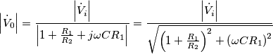 \[\left| {{\dot V_0}} \right| = \frac{{\left| {{\dot V_i}} \right|}}{{\left| {1 + \frac{{{R_1}}}{{{R_2}}} + j\omega C{R_1}} \right|}} = \frac{{\left| {{\dot V_i}} \right|}}{{\sqrt {{{\left( {1 + \frac{{{R_1}}}{{{R_2}}}} \right)}^2} + {{\left( {\omega C{R_1}} \right)}^2}} }}\]