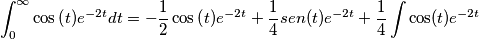 \int_0^{\infty{}}\cos{\left(t\right)}e^{-2t}dt=-\frac{1}{2}\cos{\left(t\right)}e^{-2t}+\frac{1}{4}sen(t)e^{-2t}+\frac{1}{4}\int\cos(t)e^{-2t}
} \int_0^{\infty{}}\cos{\left(t\right)}e^{-2t}dt=-\frac{1}{2}\cos{\left(t\right)}e^{-2t}+\frac{1}{4}sen(t)e^{-2t}+\frac{1}{4}\int\cos(t)e^{-2t}
}