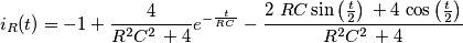 i_{R}(t)=-1+\frac{4}{R^{2}C^{2}\,+4}e^{-\frac{t}{RC\,}}-\frac{2\,\,RC\sin \left( \frac{t}{2} \right)\,+4\,\cos \left( \frac{t}{2} \right)}{R^{2}C^{2}\,+4}\,\,\,\,\,\,\,\, i_{R}(t)=-1+\frac{4}{R^{2}C^{2}\,+4}e^{-\frac{t}{RC\,}}-\frac{2\,\,RC\sin \left( \frac{t}{2} \right)\,+4\,\cos \left( \frac{t}{2} \right)}{R^{2}C^{2}\,+4}\,\,\,\,\,\,\,\,