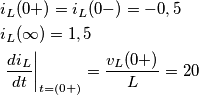 \begin{align}
& i_{L}(0+)=i_{L}(0-)=-0,5 \\
& i_{L}(\infty )=1,5 \\
& \left. \frac{di_{L}}{dt} \right|_{t=(0+)}=\frac{v_{L}(0+)}{L}=20 \\
\end{align} \begin{align}
& i_{L}(0+)=i_{L}(0-)=-0,5 \\
& i_{L}(\infty )=1,5 \\
& \left. \frac{di_{L}}{dt} \right|_{t=(0+)}=\frac{v_{L}(0+)}{L}=20 \\
\end{align}