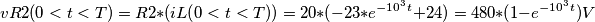vR2(0<t<T)=R2*(iL(0<t<T))=20*(-23*e^{-10^{3}t}+24 )=480*(1-e^{-10^{3}t})V vR2(0<t<T)=R2*(iL(0<t<T))=20*(-23*e^{-10^{3}t}+24 )=480*(1-e^{-10^{3}t})V