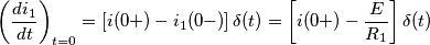 \left( \frac{di_{1}}{dt} \right)_{t=0}=\left[ i(0+)-i_{1}(0-) \right]\delta (t)=\left[ i(0+)-\frac{E}{R_{1}} \right]\delta (t)