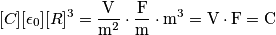 [C][\epsilon_\textrm{0}][R]^3 = \frac{\textrm{V}}{\textrm{m}^2} \cdot \frac{\textrm{F}}{\textrm{m}} \cdot \textrm{m}^3 = \textrm{V} \cdot \textrm{F} = \textrm{C}