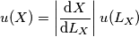 u(X) = \left|\frac{\text{d}X}{\text{d}L_X}\right|u(L_X) u(X) = \left|\frac{\text{d}X}{\text{d}L_X}\right|u(L_X)