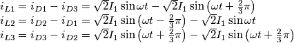 \begin{array}{l}
i_{L1} = i_{D1} - i_{D3} = \sqrt 2 I_1 \sin \omega t-\sqrt 2 I_1 \sin \left( {\omega t + \frac{2}{3}\pi } \right)\\
i_{L2} = i_{D2} - i_{D1} = \sqrt 2 I_1 \sin \left( {\omega t - \frac{2}{3}\pi } \right)- \sqrt 2 I_1 \sin \omega t\\
i_{L3} = i_{D3} - i_{D2} = \sqrt 2 I_1 \sin \left( {\omega t + \frac{2}{3}\pi } \right) -\sqrt 2 I_1 \sin \left( {\omega t + \frac{2}{3}\pi } \right)\\
\end{array} \begin{array}{l}
i_{L1} = i_{D1} - i_{D3} = \sqrt 2 I_1 \sin \omega t-\sqrt 2 I_1 \sin \left( {\omega t + \frac{2}{3}\pi } \right)\\
i_{L2} = i_{D2} - i_{D1} = \sqrt 2 I_1 \sin \left( {\omega t - \frac{2}{3}\pi } \right)- \sqrt 2 I_1 \sin \omega t\\
i_{L3} = i_{D3} - i_{D2} = \sqrt 2 I_1 \sin \left( {\omega t + \frac{2}{3}\pi } \right) -\sqrt 2 I_1 \sin \left( {\omega t + \frac{2}{3}\pi } \right)\\
\end{array}