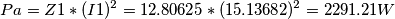 Pa=Z1*(I1)^{2}=12.80625*(15.13682)^{2}=2291.21W Pa=Z1*(I1)^{2}=12.80625*(15.13682)^{2}=2291.21W