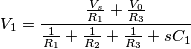V_1=\frac{\frac{V_s}{R_1}+\frac{V_0}{R_3}} {\frac{1}{R_1}+\frac{1}{R_2}+\frac{1}{R_3}+sC_1} V_1=\frac{\frac{V_s}{R_1}+\frac{V_0}{R_3}} {\frac{1}{R_1}+\frac{1}{R_2}+\frac{1}{R_3}+sC_1}