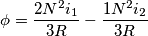 \phi=\frac{2N^2i_1}{3R} - \frac{1N^2i_2}{3R}