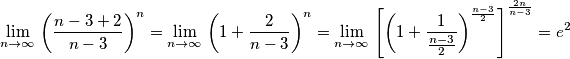 \underset{n\to \infty }{\mathop{\lim }}\,\left( \frac{n-3+2}{n-3} \right)^{n}=\underset{n\to \infty }{\mathop{\lim }}\,\left( 1+\frac{2}{n-3} \right)^{n}=\underset{n\to \infty }{\mathop{\lim }}\,\left[ \left( 1+\frac{1}{\frac{n-3}{2}} \right)^{\frac{n-3}{2}} \right]^{\frac{2n}{n-3}}=e^{2}