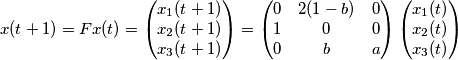x(t+1) = Fx(t)= \begin{pmatrix} x_1(t+1) \\ x_2(t+1) \\ x_3(t+1) \end{pmatrix} = \begin{pmatrix} 0 & 2(1-b) & 0 \\ 1 & 0 & 0 \\ 0 & b & a \end{pmatrix} \begin{pmatrix} x_1(t) \\ x_2(t) \\ x_3(t) \end{pmatrix}