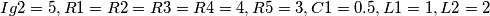 Ig2=5, R1=R2=R3=R4=4, R5=3, C1=0.5, L1=1, L2=2