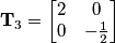 \mathbf{T}_3 = \begin{bmatrix}2& 0 \\0& -\frac{1}{2}\end{bmatrix} \mathbf{T}_3 = \begin{bmatrix}2& 0 \\0& -\frac{1}{2}\end{bmatrix}