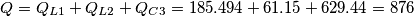 \[Q=Q_{L1}+ Q_{L2}+Q_{C3}=185.494+61.15+629.44=876\]