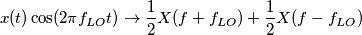 x(t) \cos(2 \pi f_{LO} t) \rightarrow \frac{1}{2} X(f+f_{LO})+ \frac{1}{2} X(f-f_{LO})
