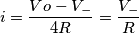 i=\frac{Vo-V_-}{4R}=\frac{V_-}{R} i=\frac{Vo-V_-}{4R}=\frac{V_-}{R}