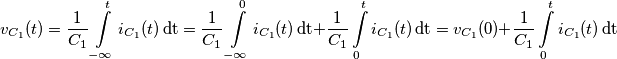 {{v}_{{{C}_{1}}}}(t)=\frac{1}{{{C}_{1}}}\int\limits_{-\infty }^{t}{{{i}_{{{C}_{1}}}}(t)\,\text{dt}}=\frac{1}{{{C}_{1}}}\int\limits_{-\infty }^{0}{{{i}_{{{C}_{1}}}}(t)\,\text{dt}}+\frac{1}{{{C}_{1}}}\int\limits_{0}^{t}{{{i}_{{{C}_{1}}}}(t)\,\text{dt}}={{v}_{{{C}_{1}}}}(0)+\frac{1}{{{C}_{1}}}\int\limits_{0}^{t}{{{i}_{{{C}_{1}}}}(t)\,\text{dt}} {{v}_{{{C}_{1}}}}(t)=\frac{1}{{{C}_{1}}}\int\limits_{-\infty }^{t}{{{i}_{{{C}_{1}}}}(t)\,\text{dt}}=\frac{1}{{{C}_{1}}}\int\limits_{-\infty }^{0}{{{i}_{{{C}_{1}}}}(t)\,\text{dt}}+\frac{1}{{{C}_{1}}}\int\limits_{0}^{t}{{{i}_{{{C}_{1}}}}(t)\,\text{dt}}={{v}_{{{C}_{1}}}}(0)+\frac{1}{{{C}_{1}}}\int\limits_{0}^{t}{{{i}_{{{C}_{1}}}}(t)\,\text{dt}}