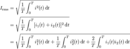 \begin{align}
I_\text{rms} &= \sqrt{\frac{1}{T}\int_0^T i^2(t)\,\text{d} t} \\
&= \sqrt{\frac{1}{T}\int_0^T [i_1(t)+i_2(t)]^2\,\text{d} t} \\
&=\sqrt{\frac{1}{T}\int_0^T i_1^2(t)\,\text{d} t+\frac{1}{T}\int_0^T i_2^2(t)\,\text{d} t+\frac{2}{T}\int_0^T i_1(t)i_2(t)\,\text{d} t}
\end{align}