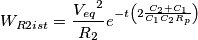 W _{R2ist }=\frac{{V _{eq }}^{2 }}{R _{2 }}{e }^{-t {\left( 2 \frac{C _{2 }+C _{1 }}{C _{1 }C _{2 }R _{p }}\right) }}