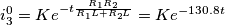 \[i_{3}^{0}=Ke^{-t\frac{R_{1}R_{2}}{R_{1}L+R_{2}L}}=Ke^{-130.8t} \[i_{3}^{0}=Ke^{-t\frac{R_{1}R_{2}}{R_{1}L+R_{2}L}}=Ke^{-130.8t}