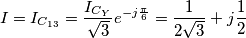 I={{I}_{{{C}_{13}}}}=\frac{{{I}_{{{C}_{Y}}}}}{\sqrt{3}}{{e}^{-j\frac{\pi }{6}}}=\frac{1}{2\sqrt{3}}+j\frac{1}{2}