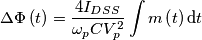 \Delta \Phi \left( t \right)=\frac{4I_{D{SS}}}{\omega _{p}{C}V_{p}^{2}}\int {m\left( t \right) \text{d}t} \Delta \Phi \left( t \right)=\frac{4I_{D{SS}}}{\omega _{p}{C}V_{p}^{2}}\int {m\left( t \right) \text{d}t}