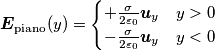 \boldsymbol{E}_{\text{piano}} (y) = \begin{cases} +\frac{\sigma}{2\varepsilon_0} \boldsymbol{u}_y & y>0 \\ -\frac{\sigma}{2\varepsilon_0}\boldsymbol{u}_y & y<0 \end{cases} \boldsymbol{E}_{\text{piano}} (y) = \begin{cases} +\frac{\sigma}{2\varepsilon_0} \boldsymbol{u}_y & y>0 \\ -\frac{\sigma}{2\varepsilon_0}\boldsymbol{u}_y & y<0 \end{cases}