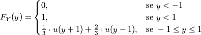 F_Y(y) = \begin{cases} 0, & \mbox{se } y < -1 \\ 1, & \mbox{se } y < 1 \\ \frac{1}{3} \cdot u(y+1) + \frac{2}{3} \cdot u(y-1), & \mbox{se } -1 \le y \le 1 \end{cases}