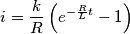 i = \frac{k}{R}\left( {{e^{ - \frac{R}{L}t}} - 1} \right)