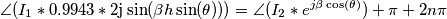 \angle(I_1 * 0.9943 *2\mathrm {j}\sin(\beta h \sin(\theta)))=\angle( I_2*e^{j\beta \cos(\theta)})+\pi+2n\pi