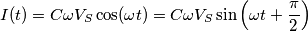 I(t) = C \omega V_{S} \cos(\omega t) = C \omega V_{S}\sin\left (\omega t +\frac{\pi}{2}  \right )