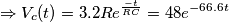\[\Rightarrow V_{c}(t)=3.2R e^{\frac{-t}{RC}} =48e^{-66.6t}\]