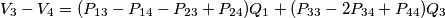 V_3-V_4=(P_{13}-P_{14}-P_{23}+P_{24})Q_1+(P_{33}-2P_{34}+P_{44})Q_3