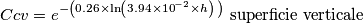 C c v ={e }^{-{\left( 0.26 \times \ln \left( 3.94 \times {10 }^{-2 }\times h \right)  \, \right) }}\text{ }\text{superficie verticale}\qquad