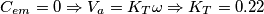 C_{em}=0 \Rightarrow V_a=K_T \omega \Rightarrow K_T=0.22 C_{em}=0 \Rightarrow V_a=K_T \omega \Rightarrow K_T=0.22