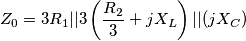 {{Z}_{0}}=3{{R}_{1}}||3\left( \frac{{{R}_{2}}}{3}+j{{X}_{L}} \right)||(j{{X}_{C}})